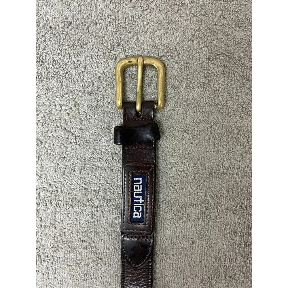Nautica Mens Brown Genuine Leather Belt Brass Buckle Size 38 Classic Casual